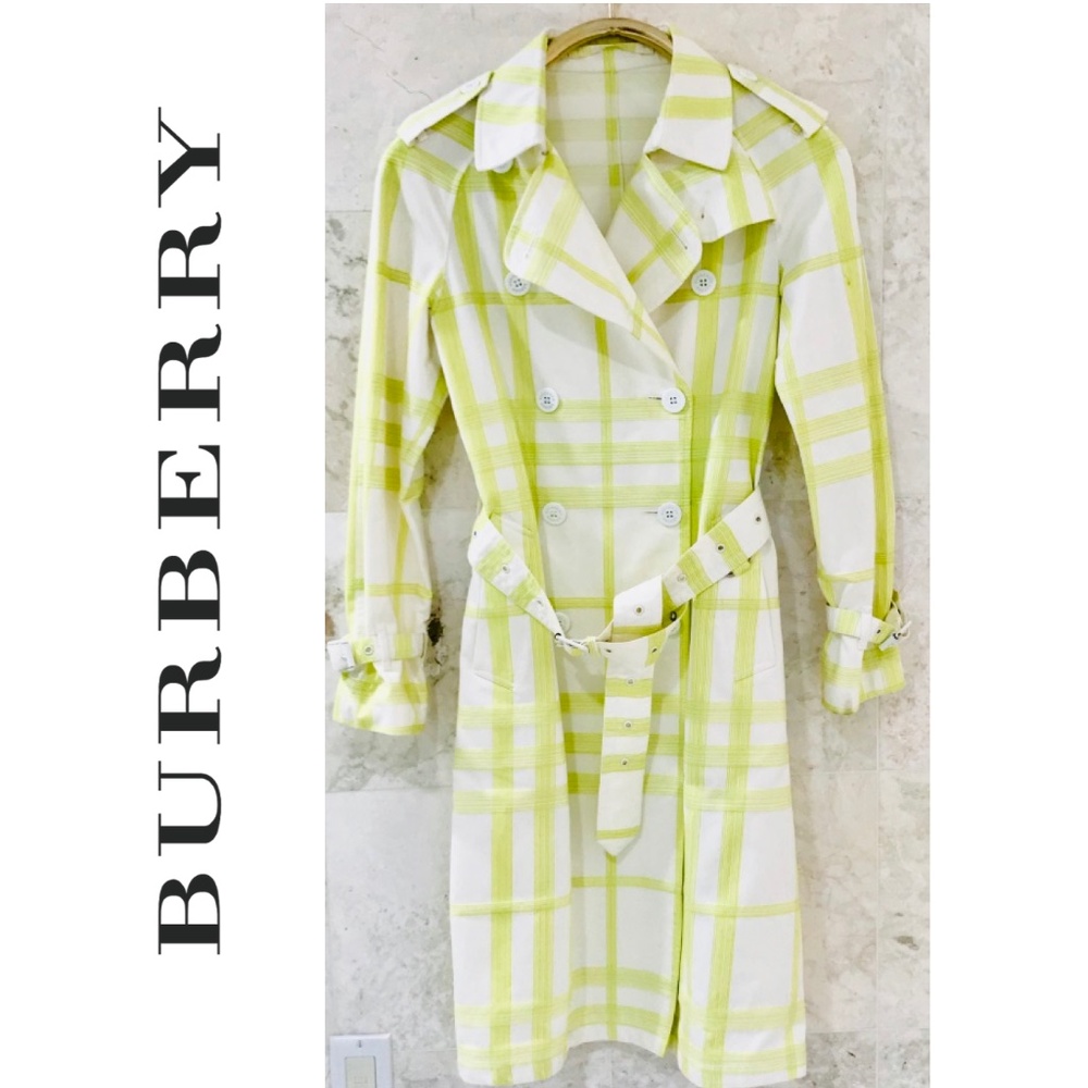 Burberry White and Lime Green Plaid Trench Coat .